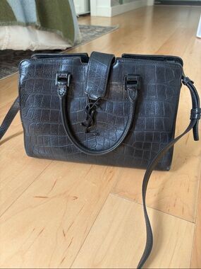 Saint Laurent Black Croc-Embossed Monogram Cabas Bag
